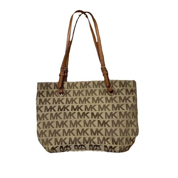 Michael Kors Signature Monogram Tote Handbag Satchel Shoulder Bag Light Brown - Picture 1 of 9